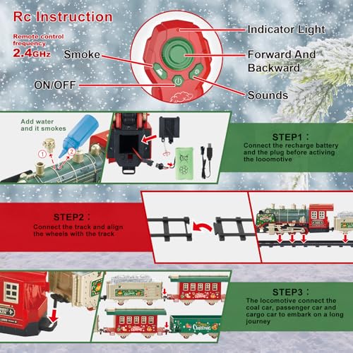JUQU Christmas Train Set for Kids Ages 3-8 Remote Control Steam Locomotive with Tracks C947409