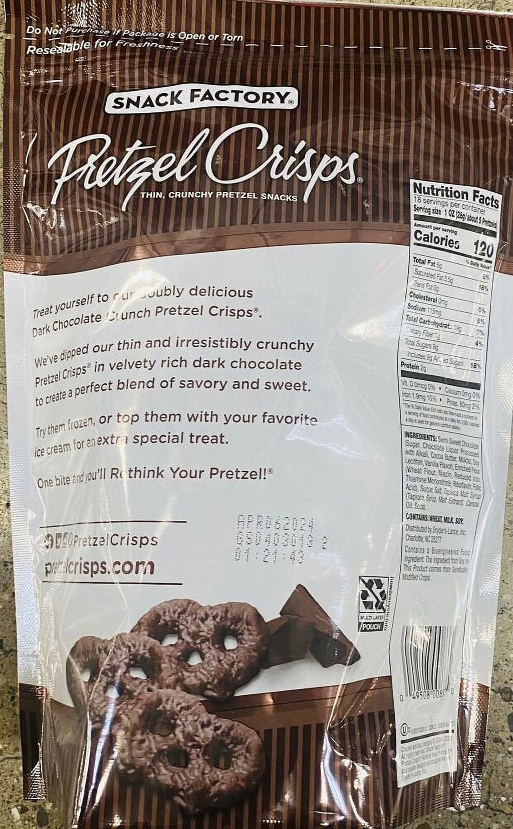 Snack Factory Pretzel Crisps Dark Chocolate Crunch 18 oz Bag T454349