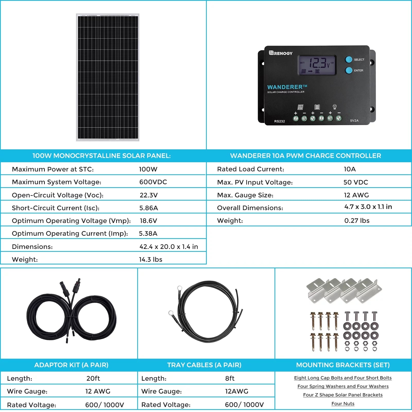 Renogy 100W 12V Monocrystalline Solar Starter Kit with Wanderer 10A Controller F720157