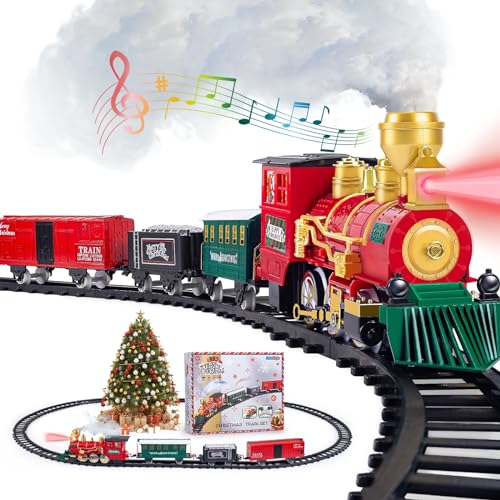 Kids Train Set, Christmas Train Set for Under The Trees, Electric Train Toys for Boys Girls with Steam Locomotive, Passenger Cars, Cargo Cars, Sounds & Lights, for 3 4 5 6 7 8+ Years O