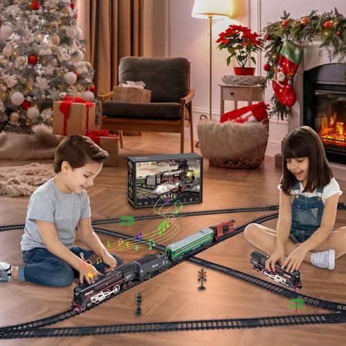Electric Train Set for Kids with Remote Control, Steam Locomotive with Lights & Sounds F801