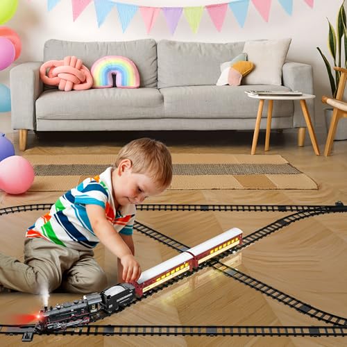 Hot Bee Train Set for Boys, Remote Control Electric Toy with Steam Locomotive E1277
