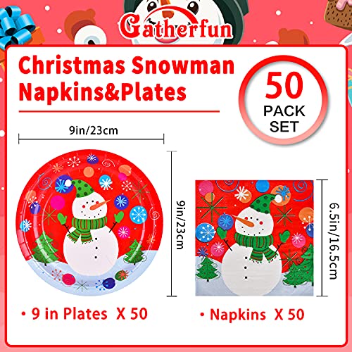 Gatherfun Christmas Snowman Paper Dinner Plates and Napkins, Serve 50 V8502