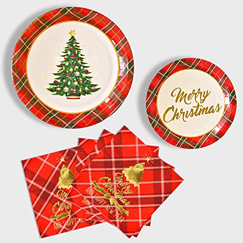 Gatherfun Christmas Tree Red Plaid Disposable Paper Plates and Napkins, Serve 50 M3788