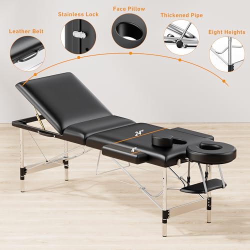 Portable Massage Table 84" Aluminum Adjustable 3-Section Reclining Couch with Carrying Bag (Black) B663600