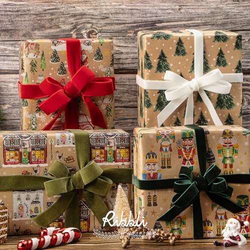 Ribbli 4 Rolls Christmas Kraft Wrapping Paper, 30 x 120 inch per Roll T5923