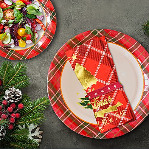 Gatherfun Christmas Tree Red Plaid Disposable Paper Plates and Napkins, Serve 50 M3788