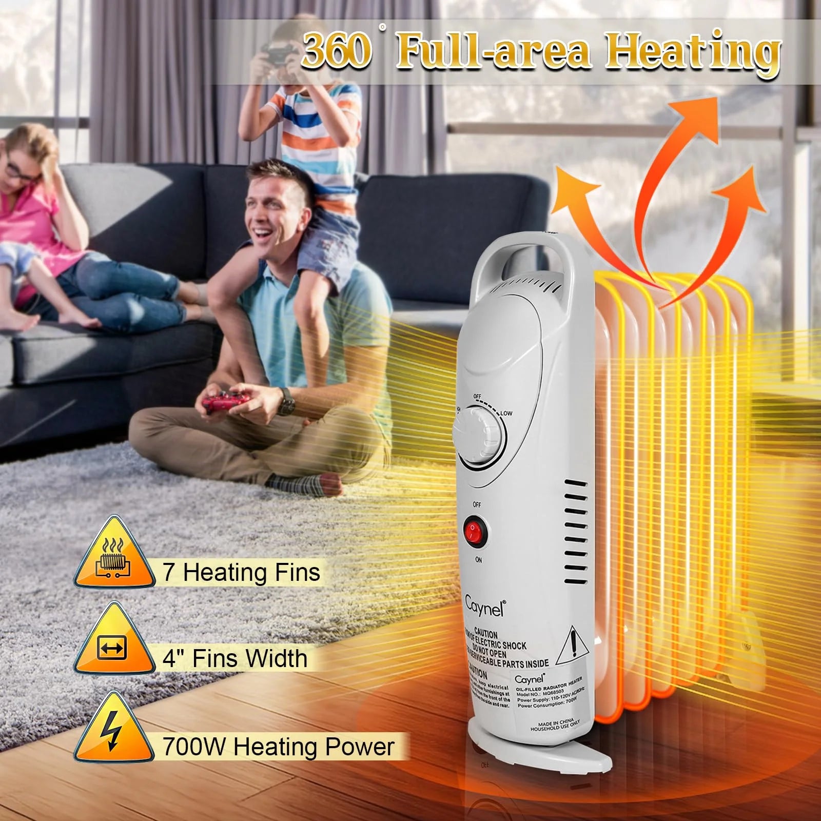 Caynel Mini Electric Oil Filled Radiator 7-Fin with Thermostat, 700W, White H543