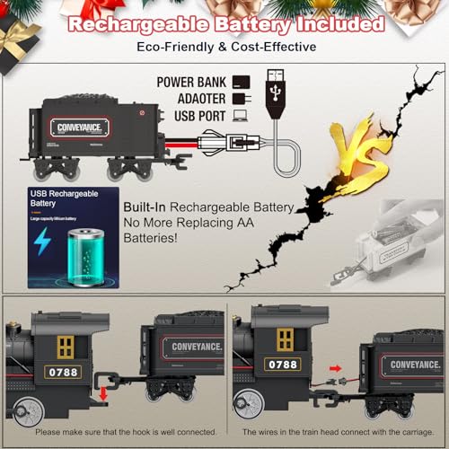 Electric Train Set for Kids with Steam Locomotive, Light & Sounds S601002