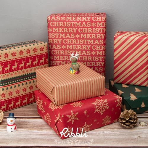 Ribbli Christmas Wrapping Paper Kraft 6 Rolls Red and Green Holiday Assortment 17in x 120in B7897