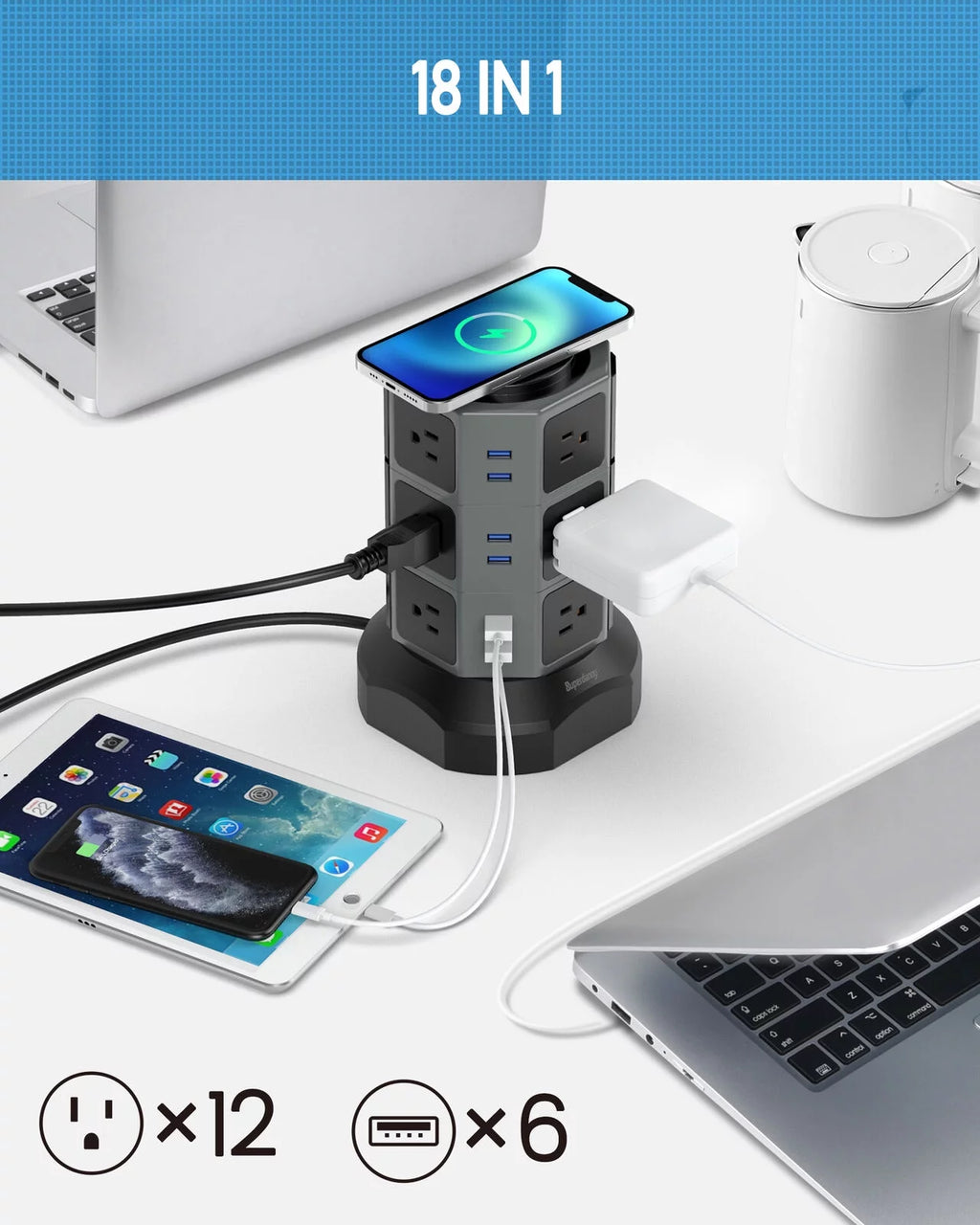 SUPERDANNY Surge Protector Power Strip Tower with Wireless Charger, 12 AC Outlets Y8850