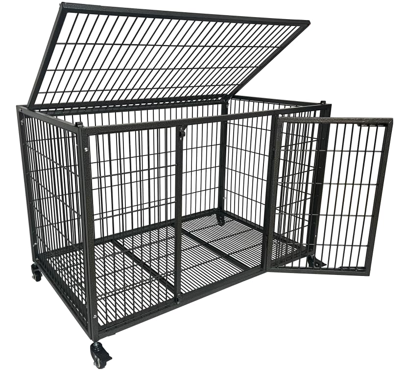Heavy Duty Dog Crate Cage Kennel for Large Dogs with Removable Trays and Wheels J3652