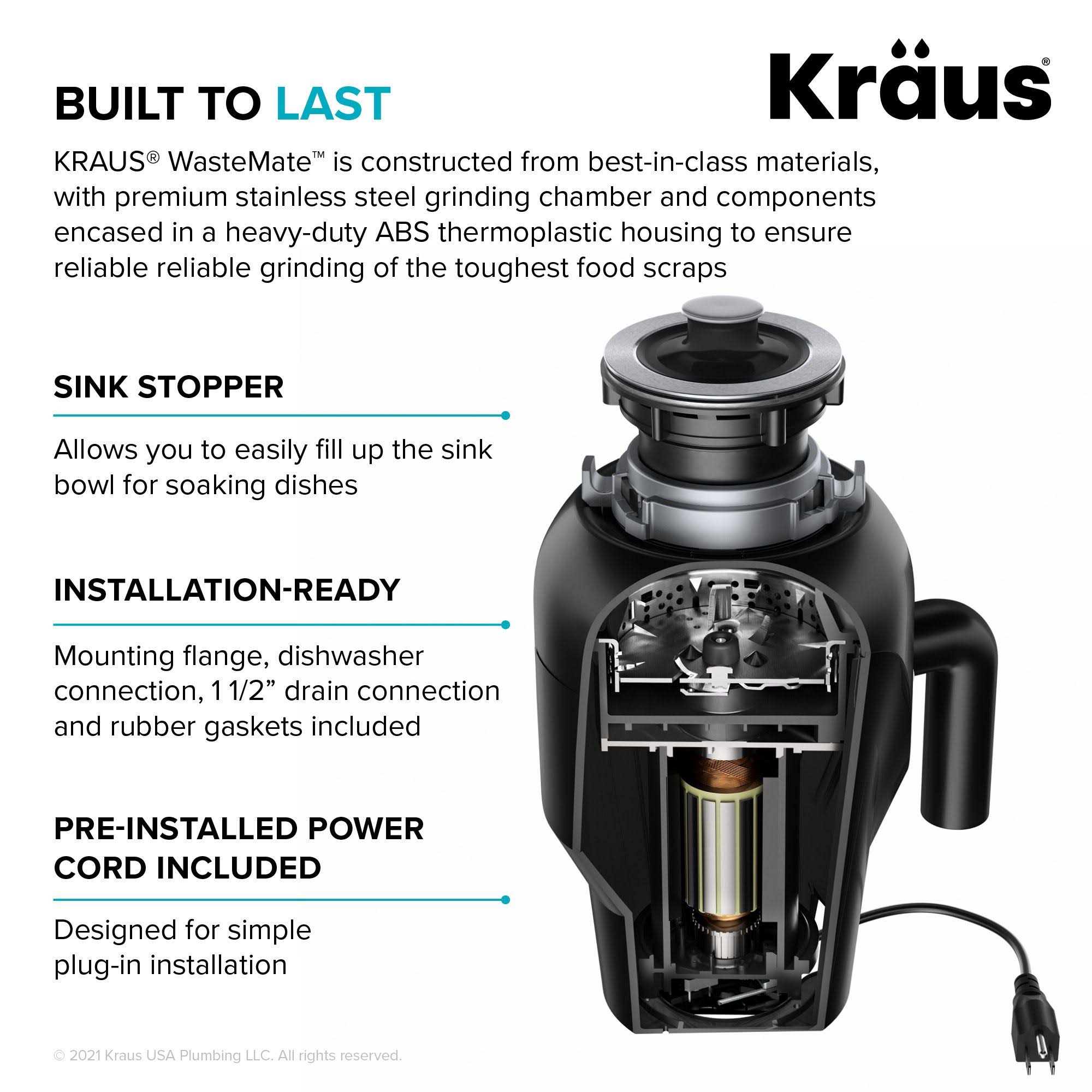 Kraus KWD100-75MBL WasteMate Continuous Feed Garbage Disposal, 0.75 HP Ultra-Quiet N129