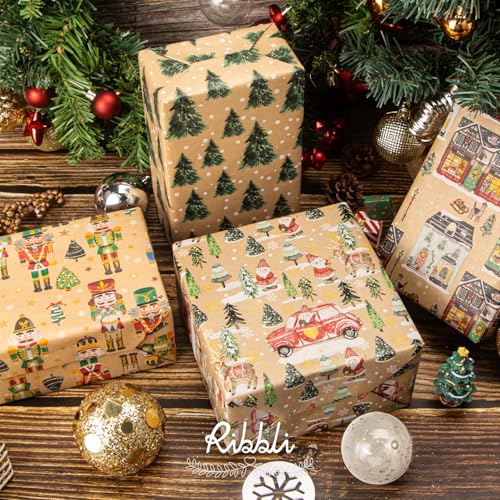 Ribbli 4 Rolls Christmas Kraft Wrapping Paper, 30 x 120 inch per Roll T5923