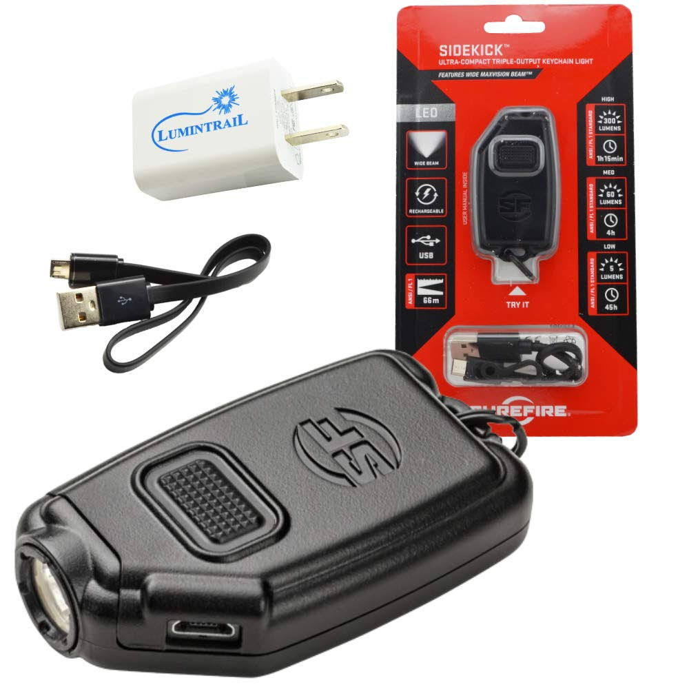 Surefire Sidekick Ultra Compact 300 Lumen Triple Output Rechargeable LED Keychain Flashlight with USB Car and Wall Plugs - Avayadevconnect