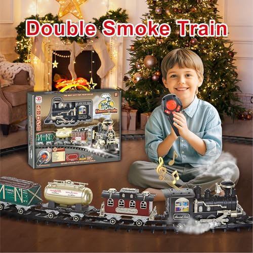 JUQU Christmas Train Set for Kids Ages 3-8 Remote Control Steam Locomotive with Tracks C947409