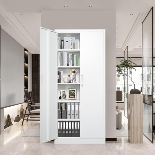Metal Storage Cabinet 71" White Locking Steel Cabinet with 2 Doors and 5 Shelves U4003