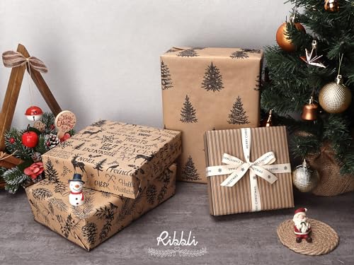 Ribbli Christmas Wrapping Paper, 4 Rolls Vintage Kraft Brown with Black Pattern E817