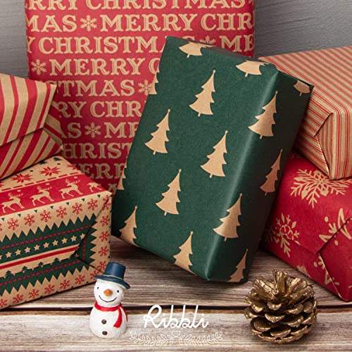 Ribbli Christmas Wrapping Paper Kraft 6 Rolls Red and Green Holiday Assortment 17in x 120in B7897