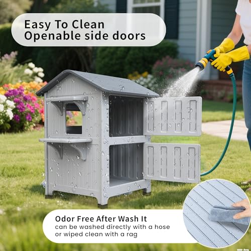 Outdoor Cat House with Mat Weatherproof for Feral Cat, 2 Story Insulated Shelter E964824