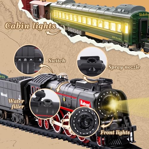 Electric Train Set for Kids with Remote Control, Steam Locomotive with Lights & Sounds F801