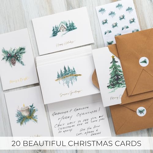ZICOTO Christmas Cards Set of 20 with Watercolor Designs, Envelopes, Stickers and Storage Box J92706