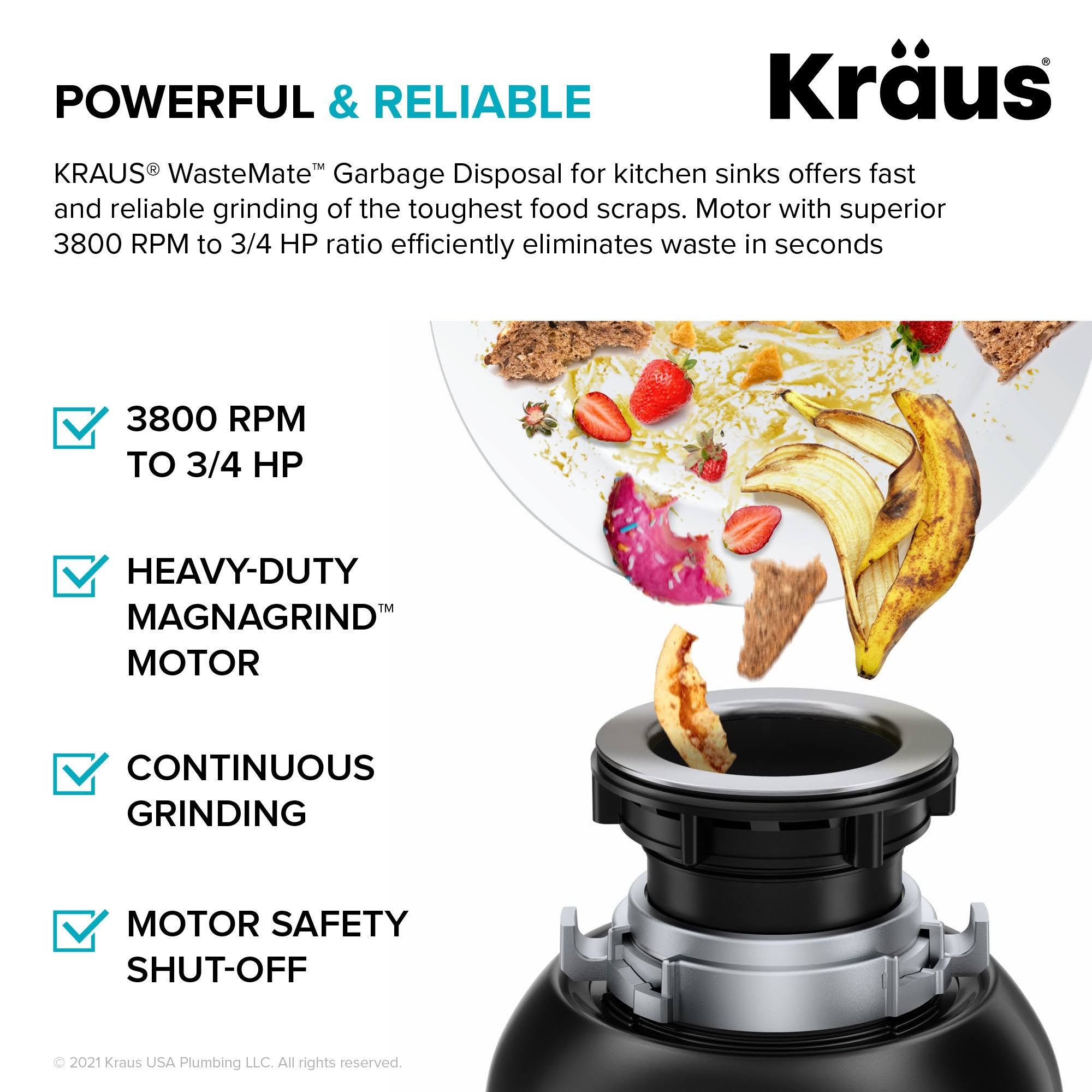 Kraus KWD100-75MBL WasteMate Continuous Feed Garbage Disposal, 0.75 HP Ultra-Quiet N129