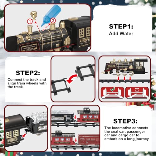 JUQU Christmas Train Set for Kids Ages 3-8 Remote Control Steam Locomotive with Tracks C947409