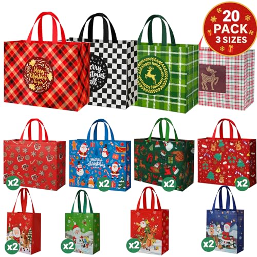 habgp 20 Pack Christmas Gift Bags Assorted Sizes with Handle, Reusable Tote K88379