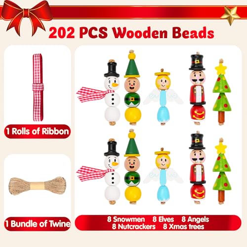 JOYIN 202 Pcs Christmas Wooden Beads Craft Kit, DIY Ornaments for Kids Q47641