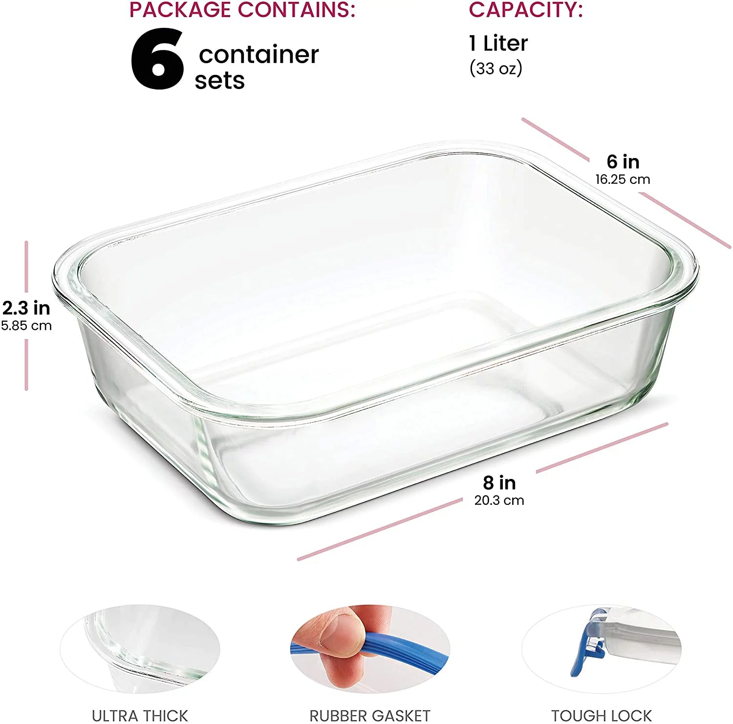 Glass meal prep containers 6 pack 35oz with locking lids J406346