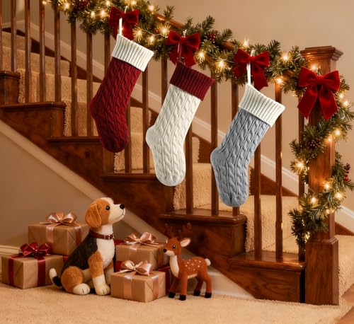 Bone Shaped Dog Christmas Stockings 3 Pack Cable Knit with Name Tag X7669