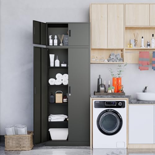 Metal Storage Cabinet 71" White Locking Steel Cabinet with 2 Doors and 5 Shelves U4003