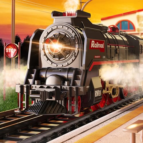 Electric Train Set for Kids with Remote Control, Steam Locomotive with Lights & Sounds F801