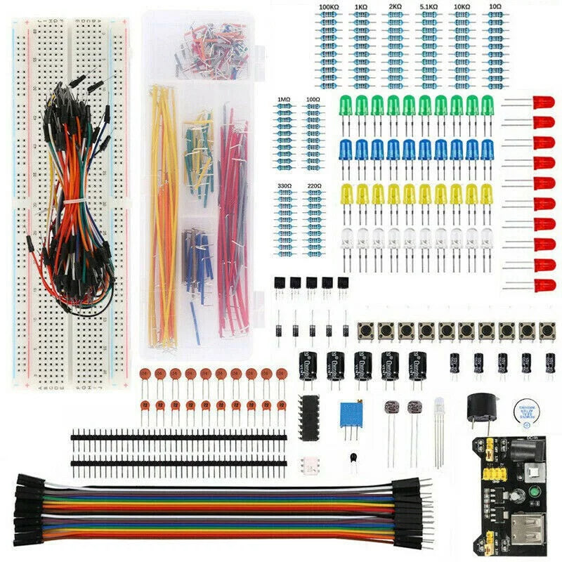Sufanic Electronics Basic Component Starter Kit with Breadboard Power Supply Jumper Wires Resistors Capacitors LED C75289