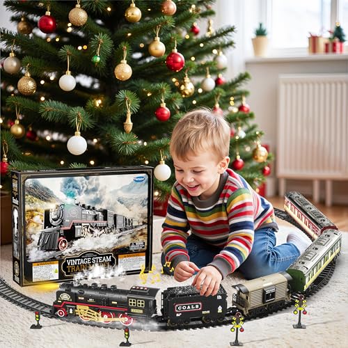 Funwee Train Set with Glowing Carriages, Electric Toy with Smoke, Light and Sound M46259