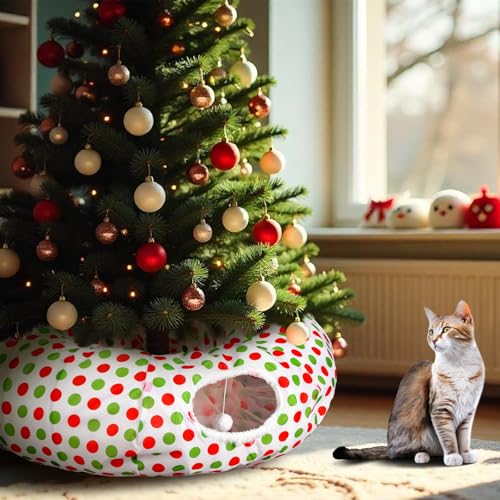 Soulchen Cat Tunnel Christmas Tree Skirt 3ft x 3ft Red and Green T171676