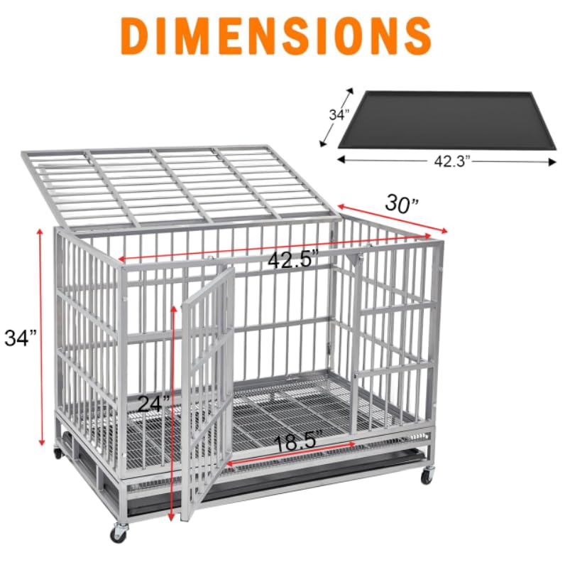 Heavy Duty Dog Crate Cage Kennel for Large Dogs with Removable Trays and Wheels J3652