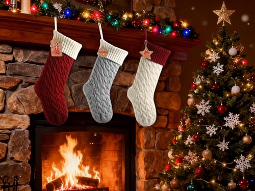 Bone Shaped Dog Christmas Stockings 3 Pack Cable Knit with Name Tag X7669