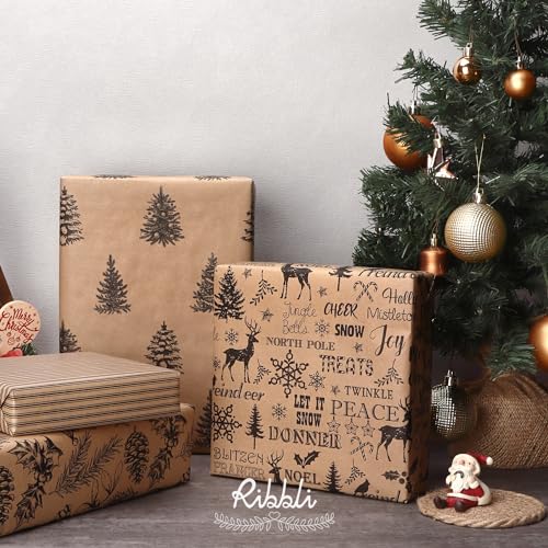 Ribbli Christmas Wrapping Paper, 4 Rolls Vintage Kraft Brown with Black Pattern E817