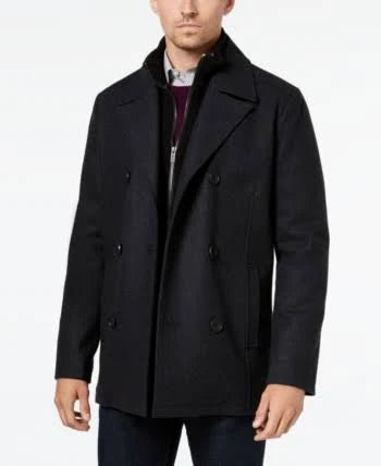 Kenneth Cole Men&s Big u0026 Tall Double Breasted Wool Peacoat with Bib - Gray 2XB - Megean
