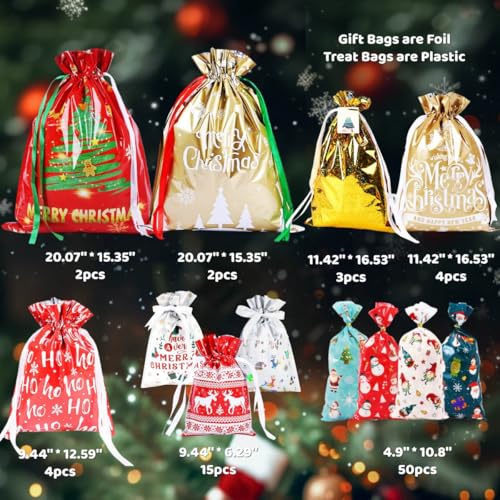 Christmas Gift Bags Set with Drawstring - 80pcs Assorted Sizes for Holiday Gifting I5791