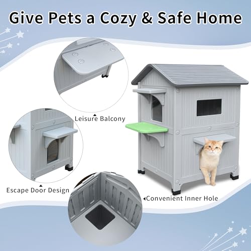 Outdoor Cat House with Mat Weatherproof for Feral Cat, 2 Story Insulated Shelter E964824