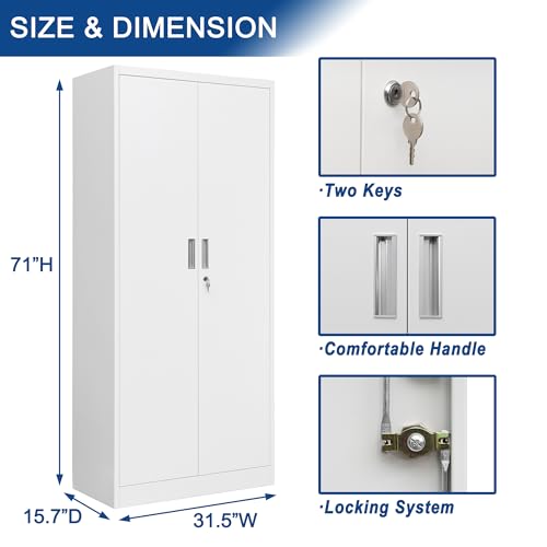 Metal Storage Cabinet 71" White Locking Steel Cabinet with 2 Doors and 5 Shelves U4003