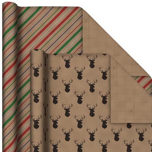 Hallmark Christmas Wrapping Paper Bundle with Cut Lines, Kraft, Red Trucks, 4 Rolls D91100