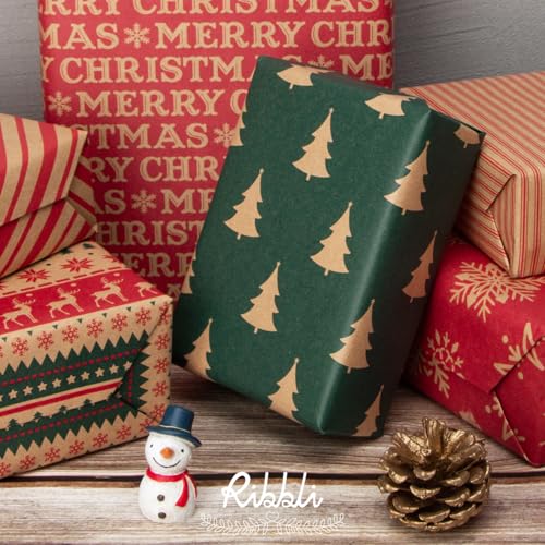 Ribbli Christmas Wrapping Paper Kraft 6 Rolls Red and Green Holiday Assortment 17in x 120in B7897