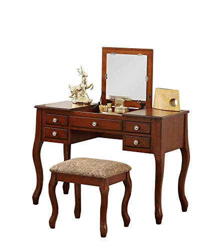 Poundex Bobkona Cailyn Flip Up Vanity Mirror Set with Stool, Cherry H5066