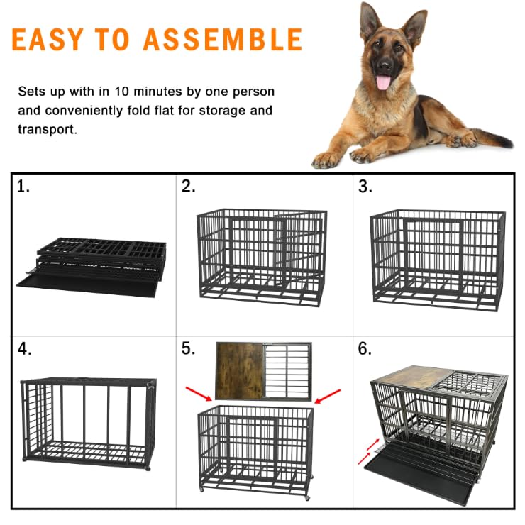 Heavy Duty Dog Crate Cage Kennel for Large Dogs with Removable Trays and Wheels J3652