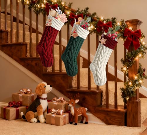 Bone Shaped Dog Christmas Stockings 3 Pack Cable Knit with Name Tag X7669