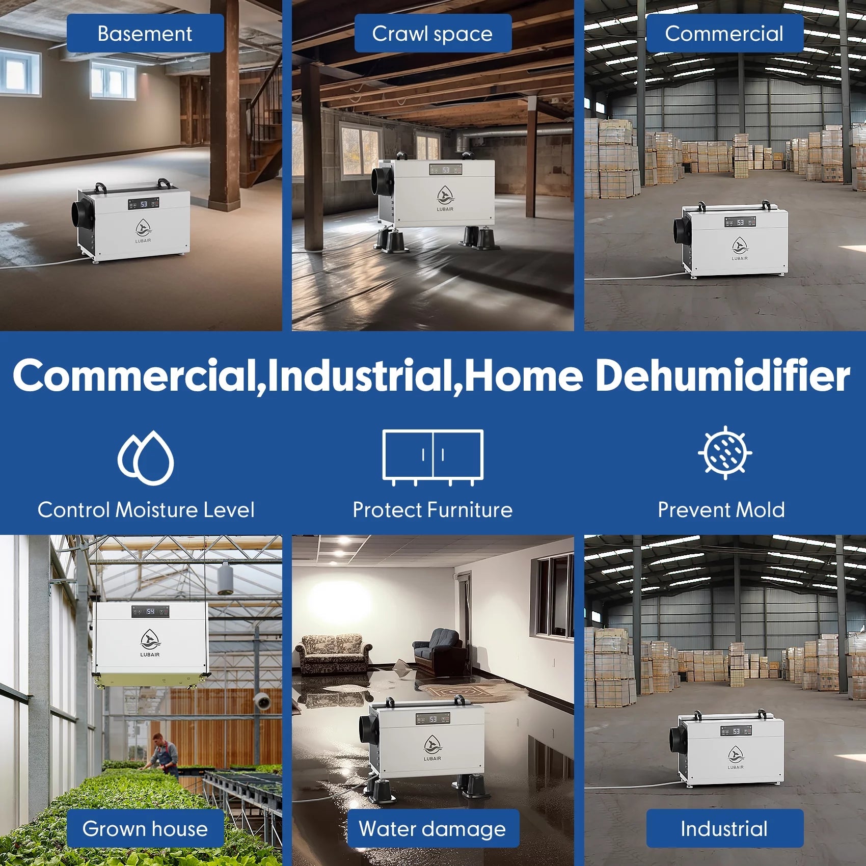 LUBAIR 145 Pints Commercial Dehumidifier for Basement, White A782978